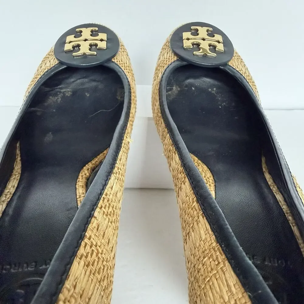 Tory Burch Sally Raffia Wedge Heel Shoes Size 11 Black Leather Lg Logo Career